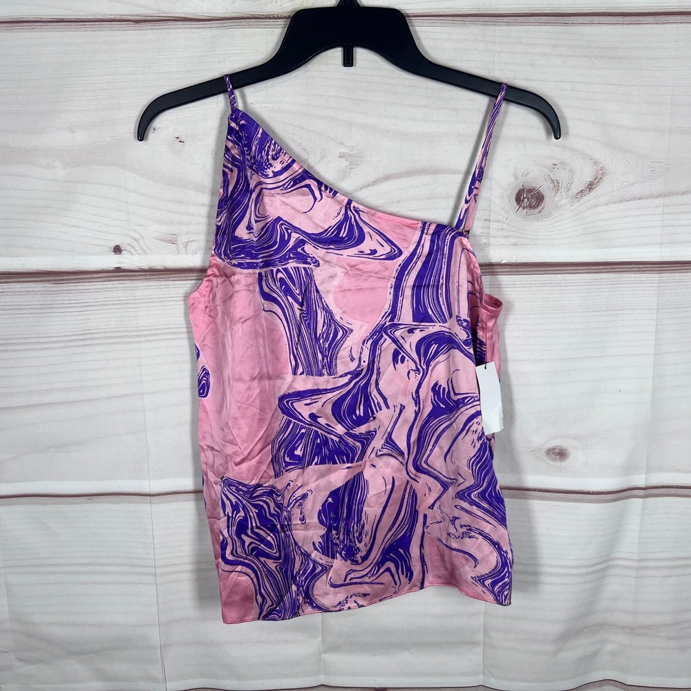 Equipment Tank Top Women XS Pink One Shoulder Satin Marble Print Cami Sleeveless